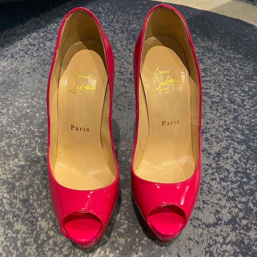 COPY - Louboutin lady peep hot pink platform patent heels